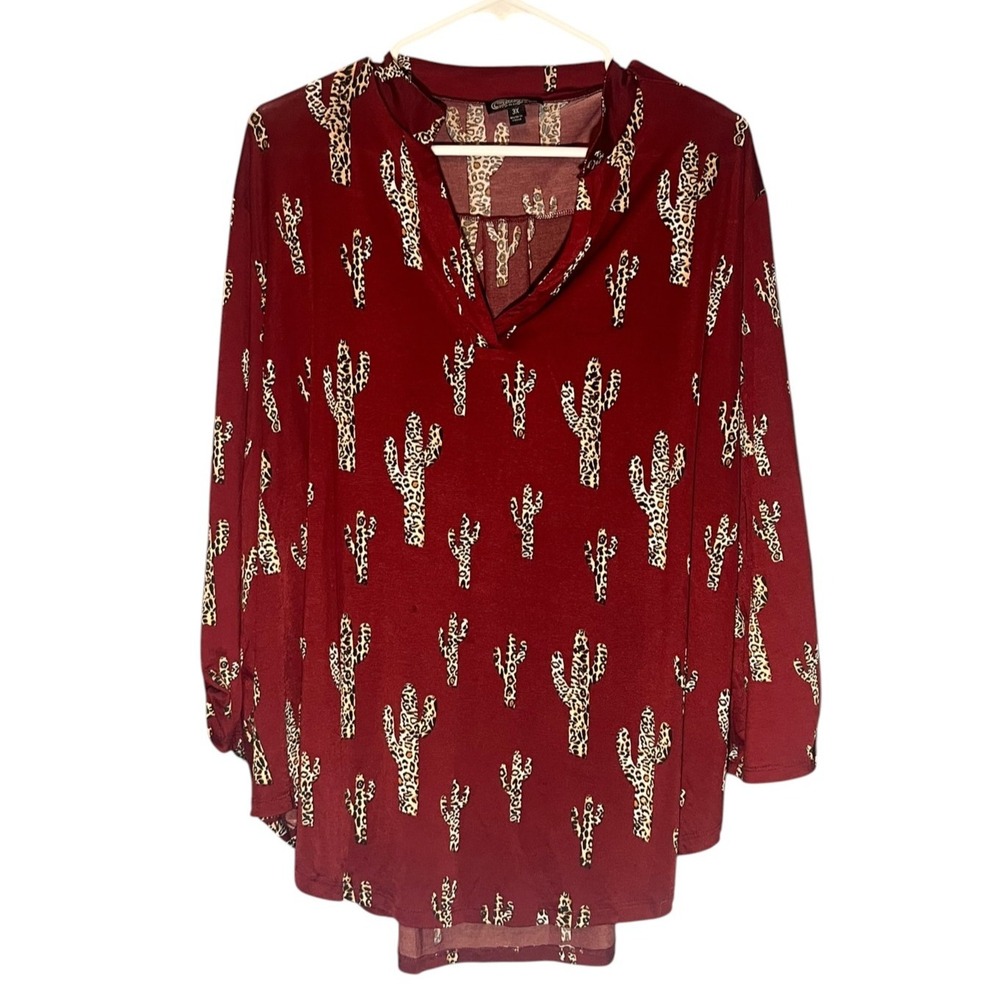 Cowgirl Hardware Women's Cactus Cheetah Print V Neck Blouse 3X Maroon